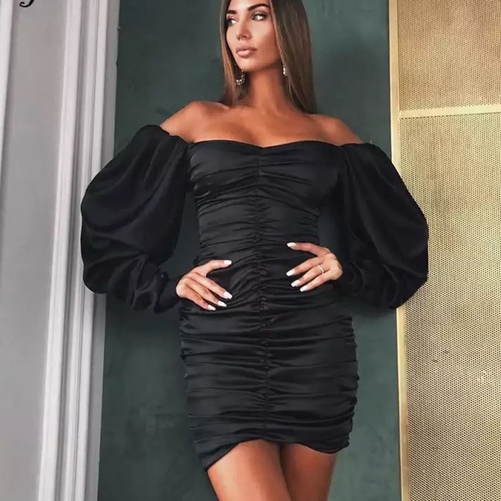Puff sleeve black mini dress